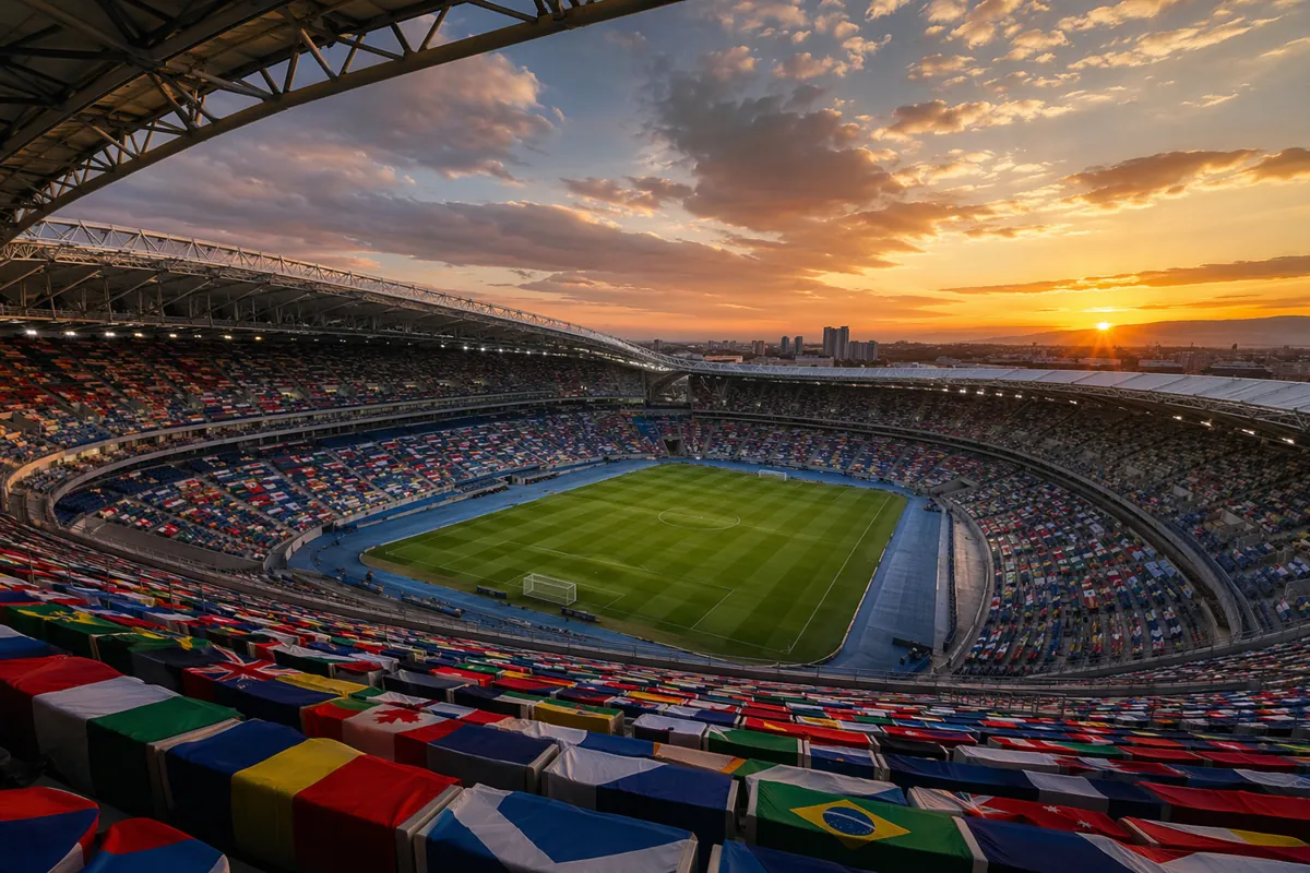Wide shot of a modern large football stadium at dusk, some empty seats with colorful natio