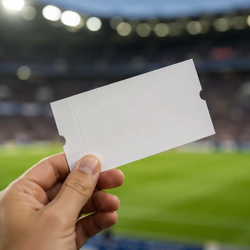 Close up shot of a hand holding a generic football match ticket, blurred stadium