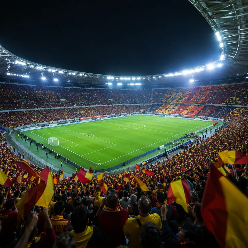 Wide shot of a modern outdoor football stadium at night, bright floodlights, col