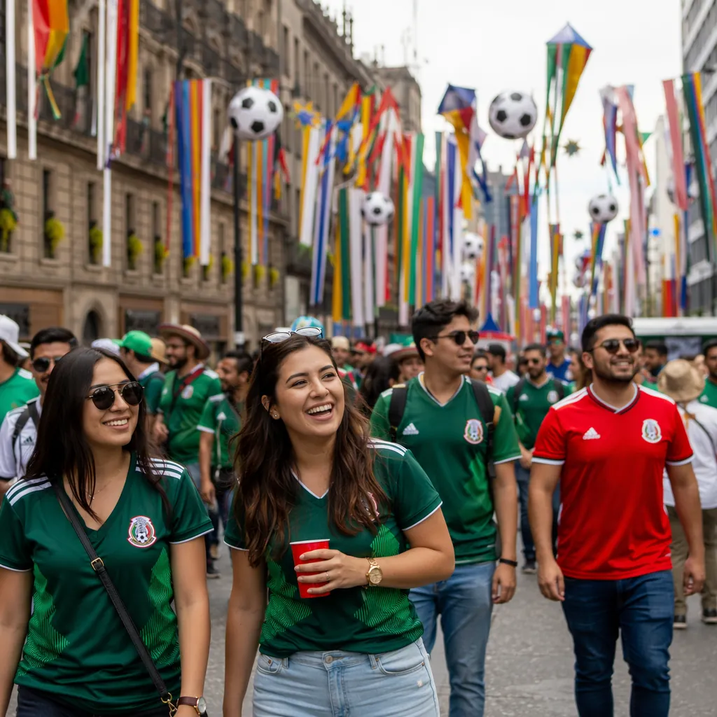 Colorful street decorations for World Cup in downtown Mexico City, local fans we