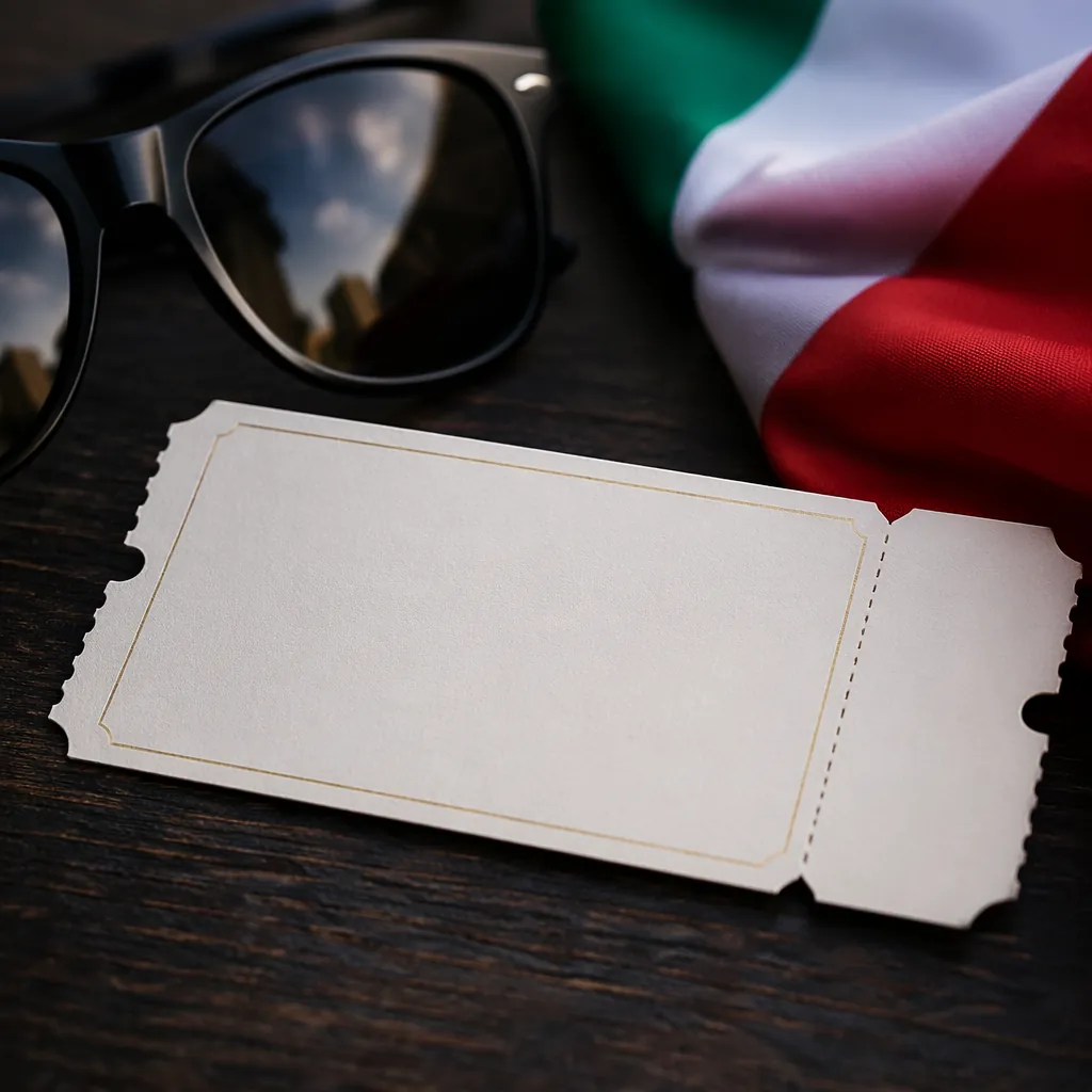 Close-up of a blank premium event ticket placed on a dark wooden surface, next t