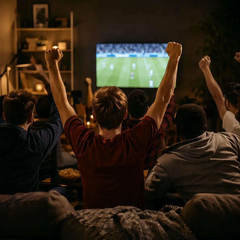 Group of young fans watching football match together in a dimly lit room, cheeri