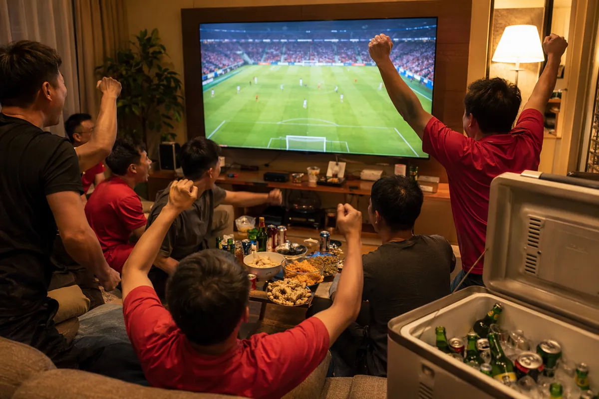 Wide shot of excited Chinese football fans gathering in a living room, surrounded by snack