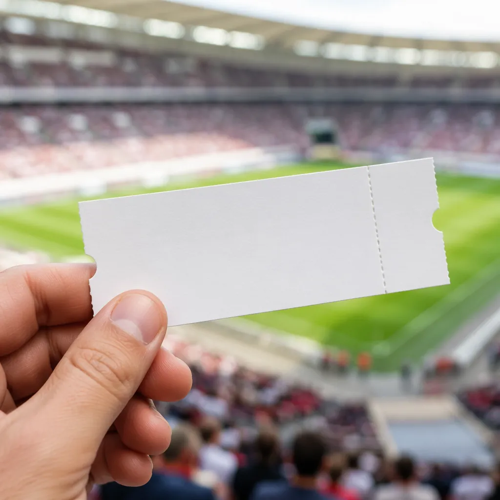 Close up of a generic blank paper soccer match ticket held in a fan's hand, blur