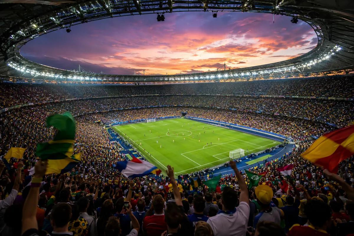 Wide shot of a packed iconic football stadium at dusk, bright stadium lights illuminating