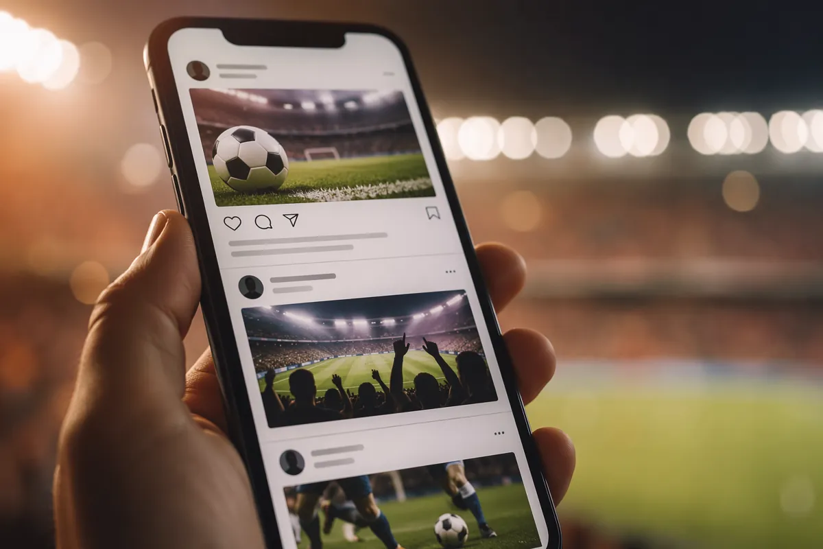 Close-up shot of a smartphone screen showing a social media feed with football-related pos
