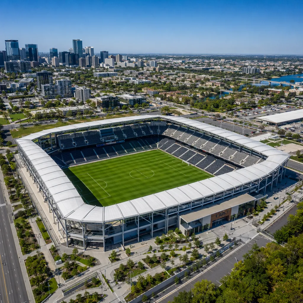 Aerial view of a modern football stadium in a North American city, green pitch v