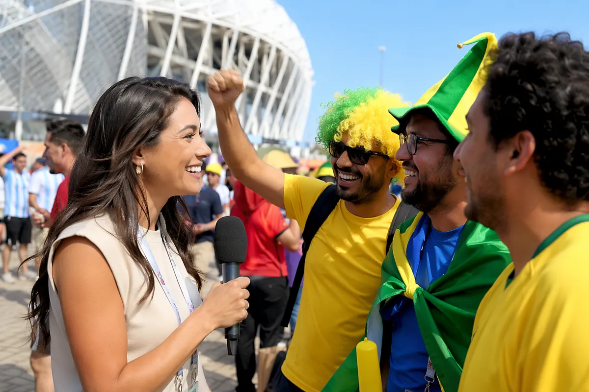 A female sports reporter stands in a bustling World Cup fan zone outside a modern football