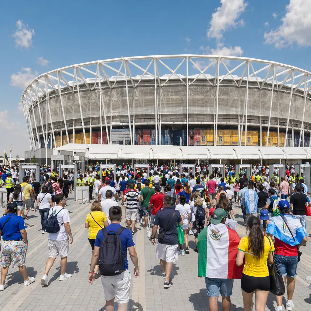 Wide shot of a World Cup stadium exterior with crowds of fans walking towards th