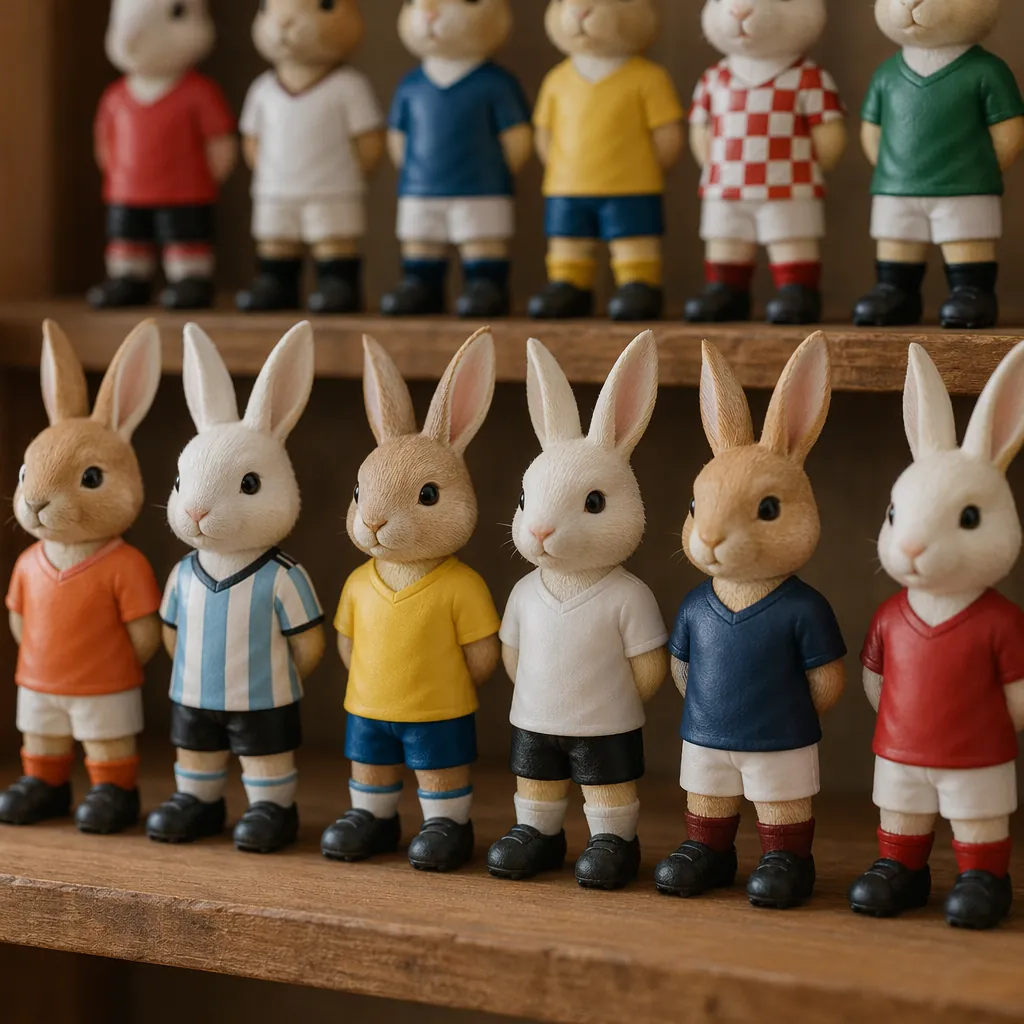 A display of various small stylized rabbit figurines with different plain nation