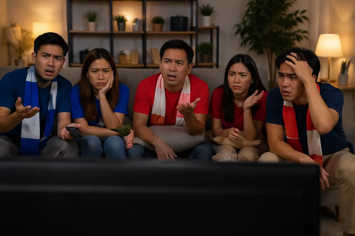 Wide shot of a diverse group of Asian football fans sitting on a couch in a living room, l