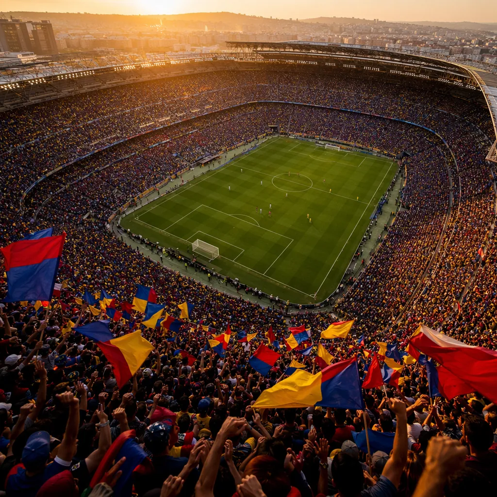 High angle shot of a packed modern football stadium during golden hour, colorful