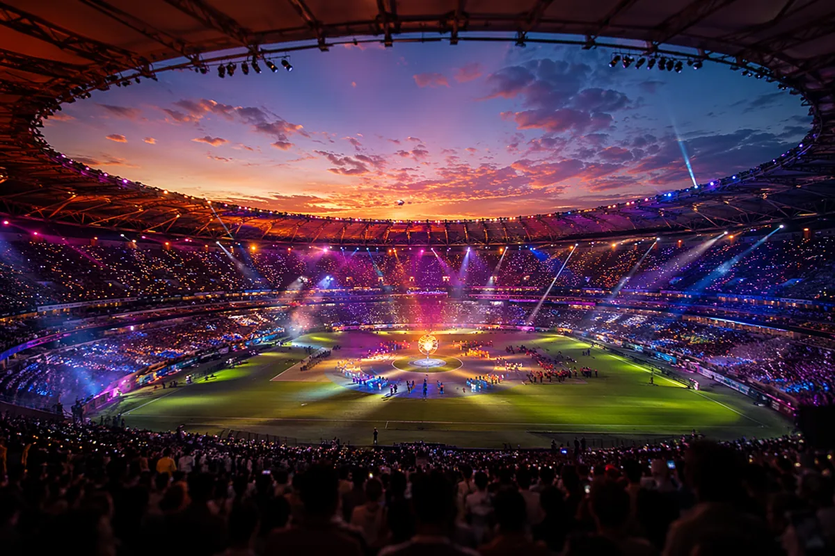 Wide shot of a modern world cup football stadium at dusk, with colorful stage lights set u