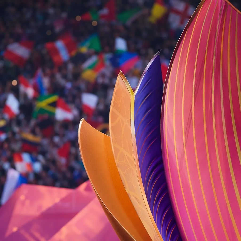 Close up of colorful opening ceremony stage decorations inside a football stadiu
