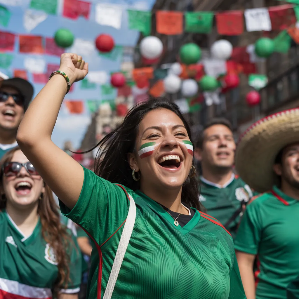 Close up shot of colorful World Cup themed decorations on Mexico City streets, l