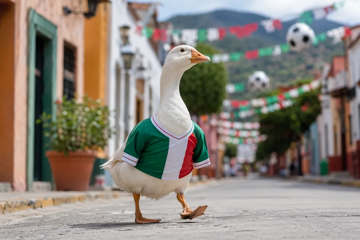 A cute white goose wearing a green-white-red football jersey walking on a small town stree