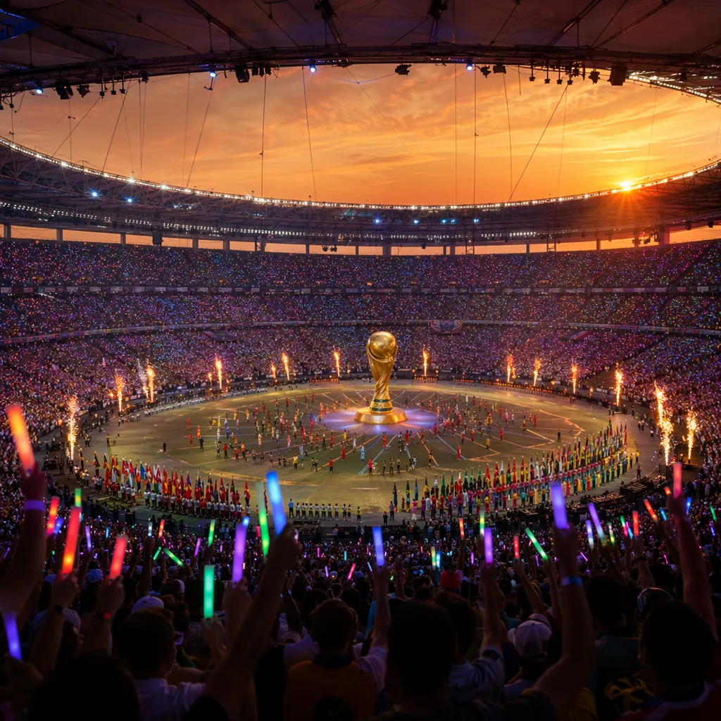 Wide shot of a full football stadium during World Cup opening ceremony at golden