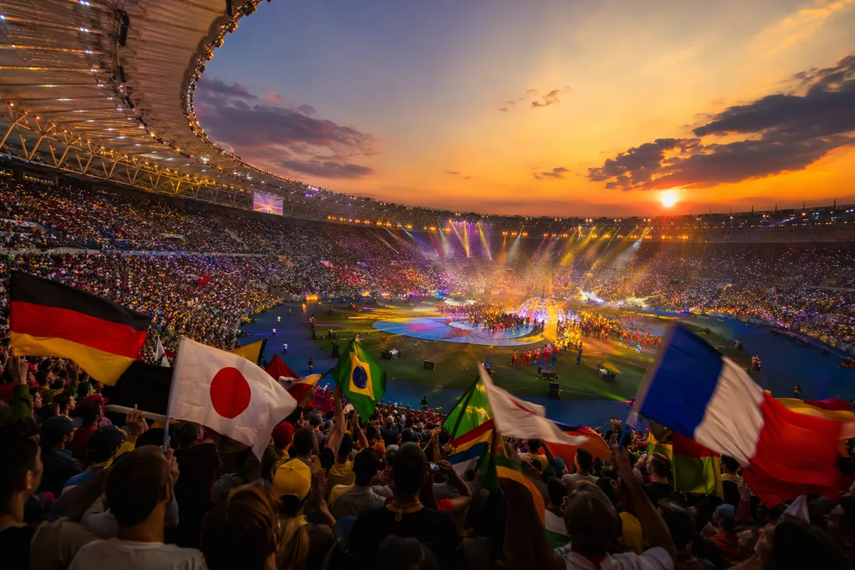 A vibrant wide shot of a packed World Cup football stadium at dusk, with colorful stage li