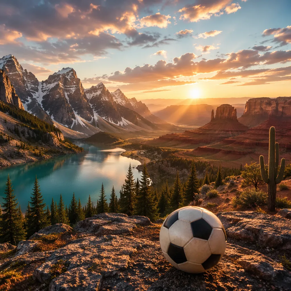 A panoramic view of the three host countries' iconic natural landscapes merged t